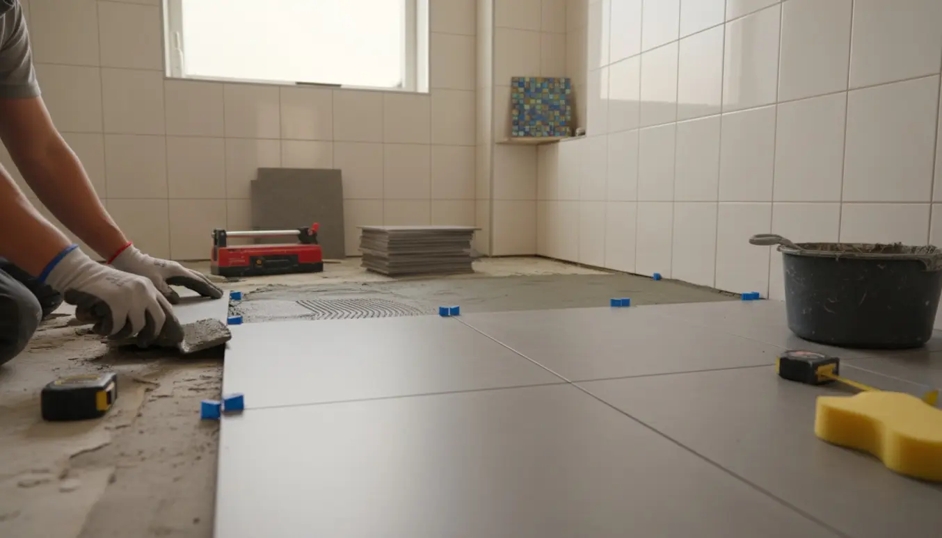 Lille badeværelse midt i renovering, hænder lægger nye gulvklinker ved siden af flisekutter og værktøj.