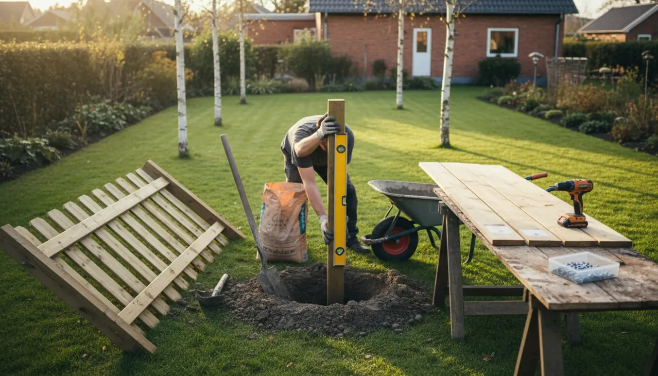 Ny stolpe sættes i beton i en dansk villahave, klar til montering af nye hegnsbrædder.