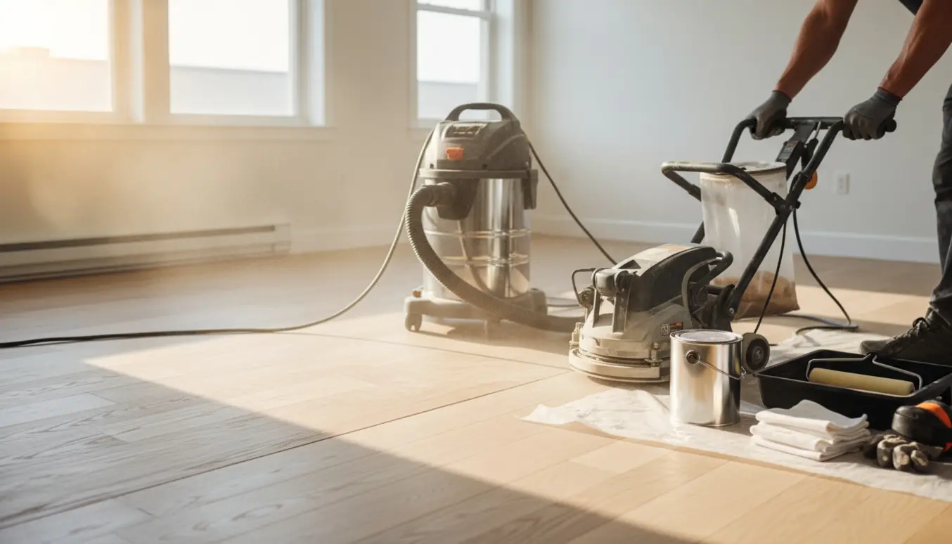 Halvslibet trægulv i en lys stue med slibemaskine, støvsuger og oliematerialer klar til behandling.
