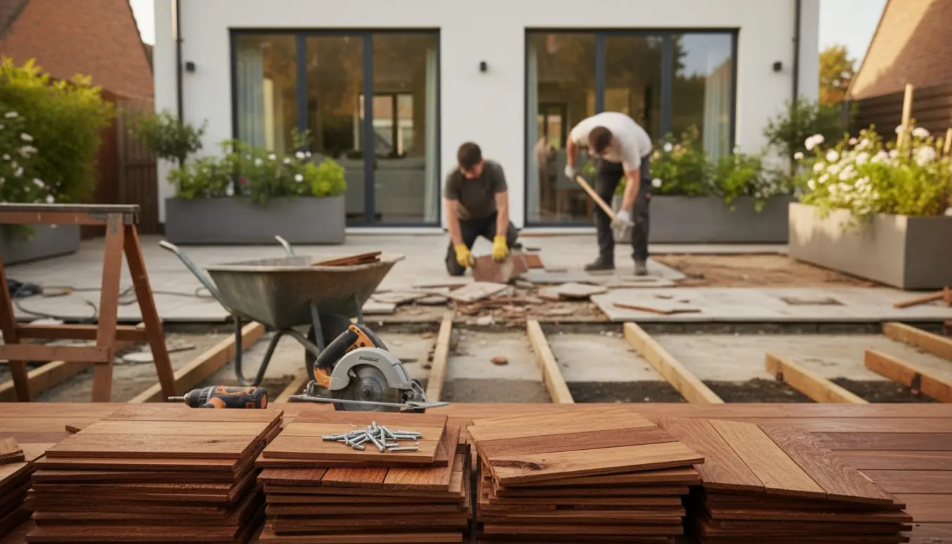 Gårdhave hvor fliser fjernes og hårdttræsbrædder står klar til at lægge ny træterrasse.