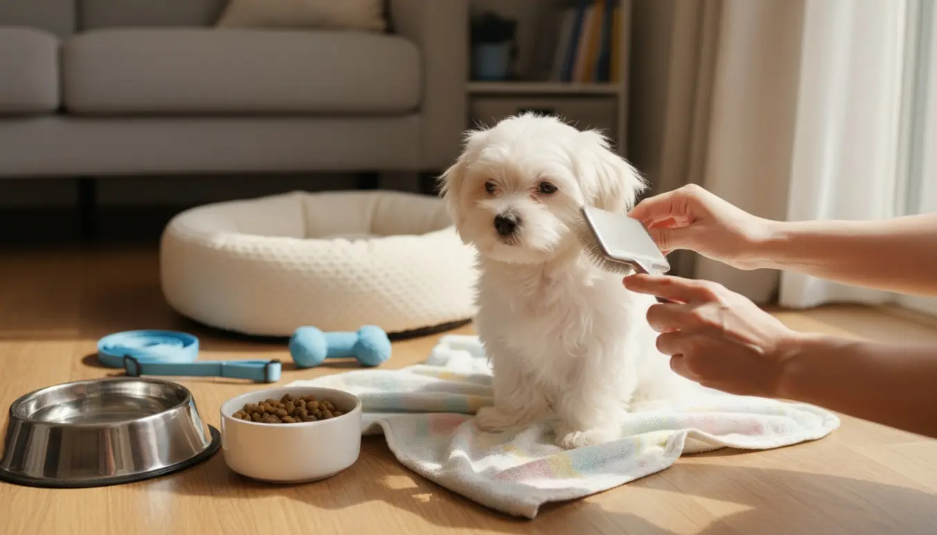 En lille malteser bliver blidt børstet på et solbeskinnet gulv med mad- og vandskåle ved siden af.