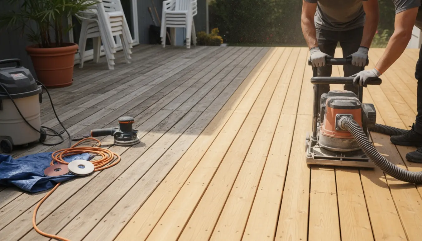 Træterrasse under slibning med en gulvsliber og tydelig kontrast mellem slebet og vejrslidt træ.