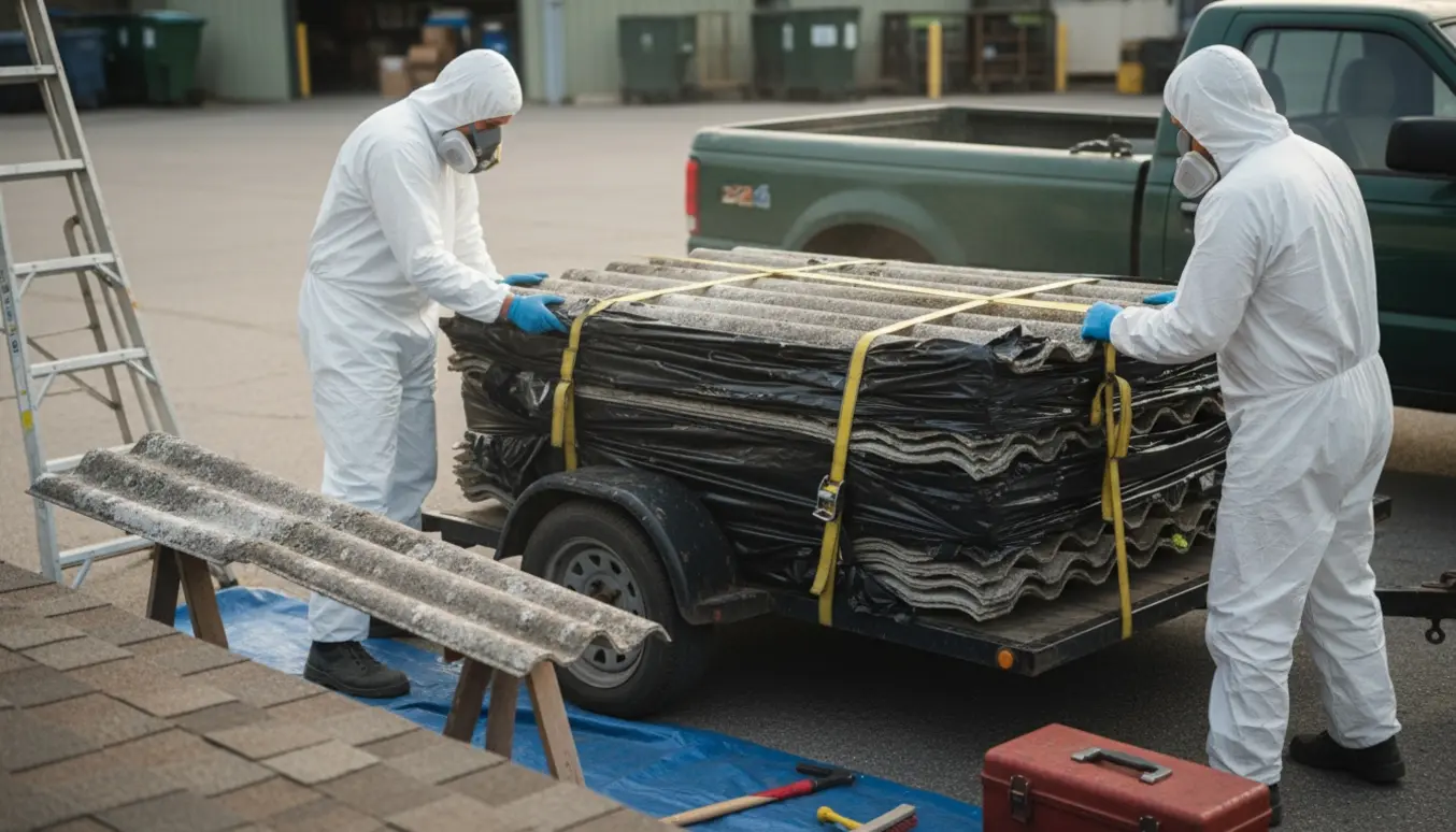 Personer i beskyttelsesdragter læsser asbesttagplader på en trailer ved en indkørsel klar til aflevering på genbrugspladsen.