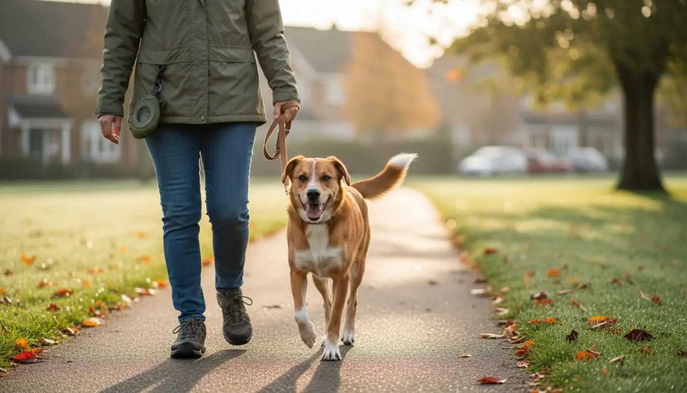 En hundelufter ses bagfra med en glad hund i snor på en parksti i blødt morgentlys.