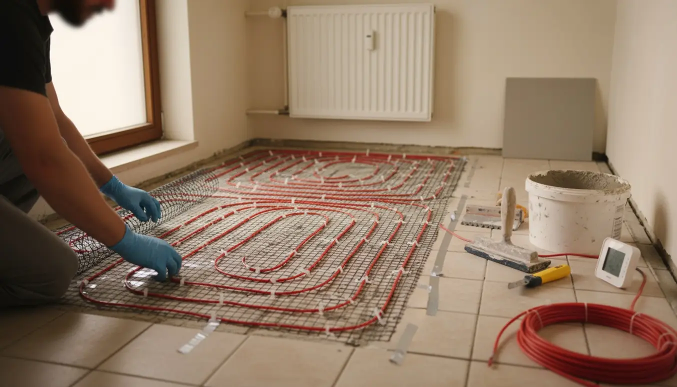 Lille toilet under installation med varmekabler lagt på fliser og en prøve af mikrocement.