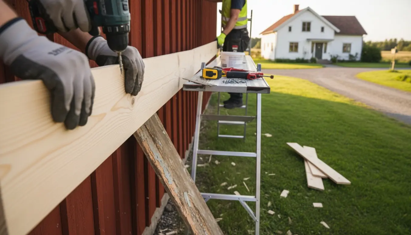 Arbejdshænder skruer en ny sternbræt fast på en lade med værktøj og stige i baggrunden.