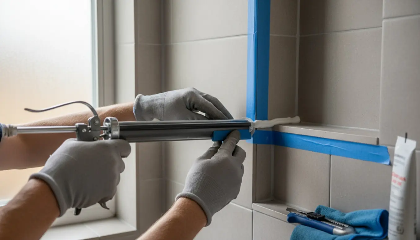 Hænder med fugepistol påfører frisk vådrumsfuge i en flisebeklædt bruseniche.