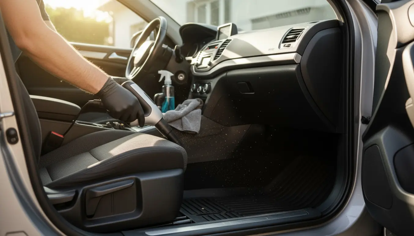 Bilens kabine med hænder, der støvsuger og tørrer interiøret, mens støvede måtter bliver børstet.