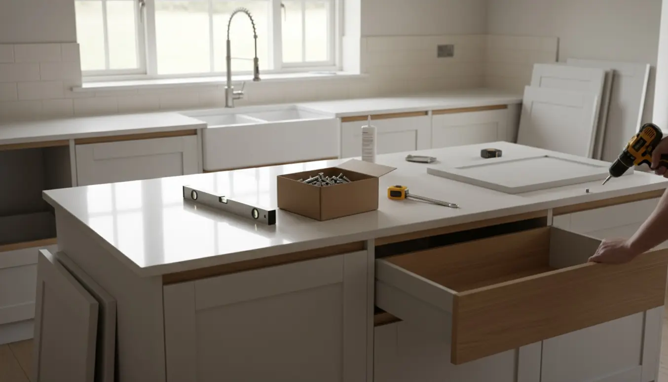 Nyinstalleret skandinavisk køkken med en ø og en lang række underskabe med vask og værktøj på bordet.