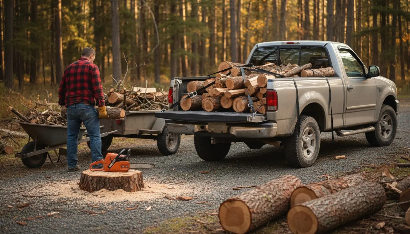 Pickup og trailer lastet med fældede træstammer og grene klar til afhentning.