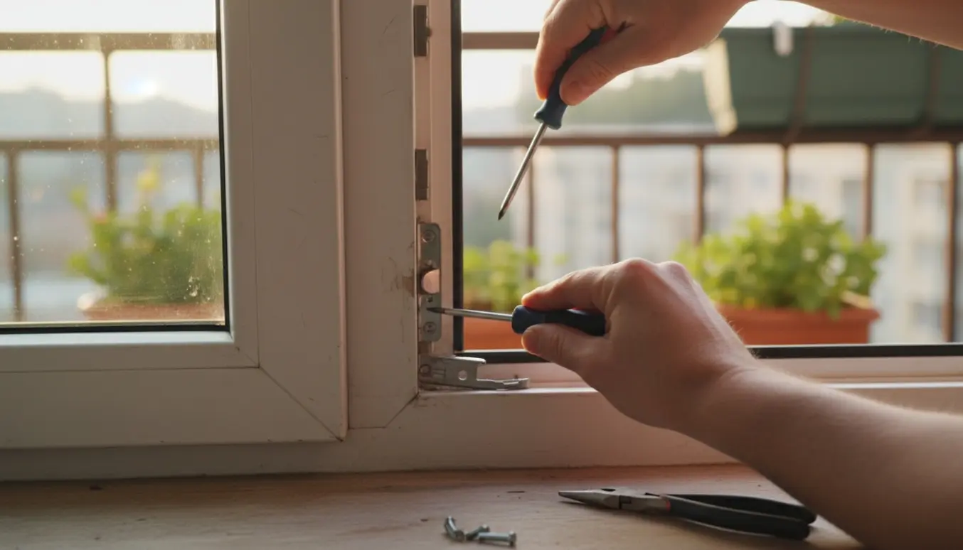 Hænder reparerer den øverste låsemekanisme på en altandør med bunden lukket.