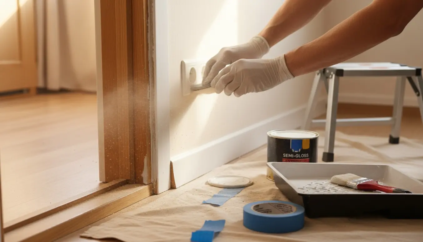 Nærbillede af maling af dørkarm og lister i en lille lejlighed med malerværktøj på plads.