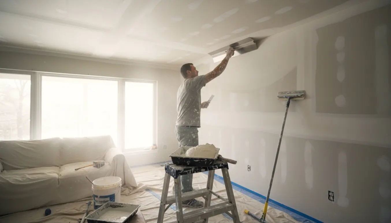 Hånd med spartel udglatter fuldspartlet loft og gipsvæg i et lyst renoveringsrum.