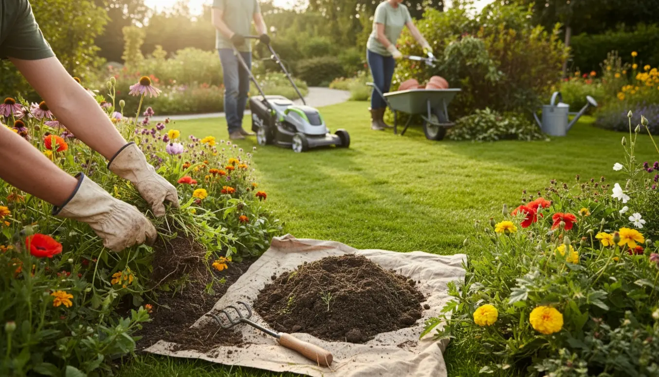 Nærbillede af havearbejde med ukrudtslugning i bed, plæneklipper på græsset og beskæring af buske.