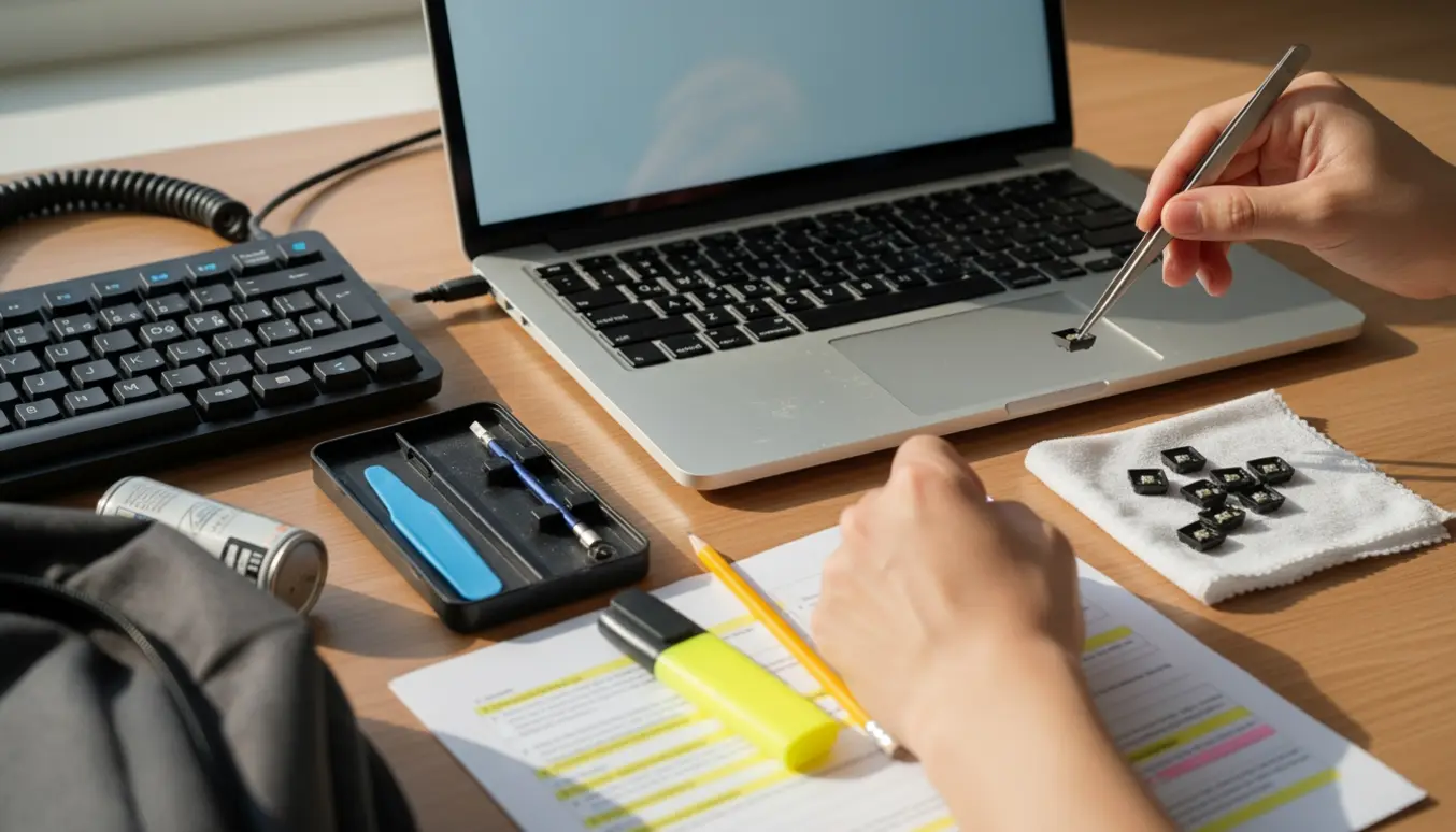 Nærbillede af en MacBook med fjernede taster, reparationsværktøj og eksamensnoter på et skrivebord i morgenlys.