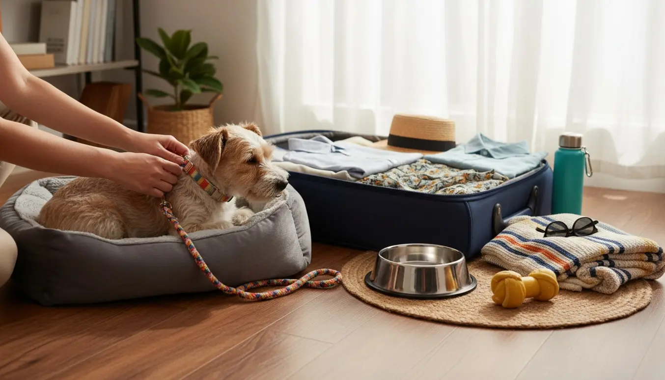 En lille hund i en blød kurv mens en omsorgsfuld hånd spænder en hundesnor, omgivet af kuffert og sommerudstyr.