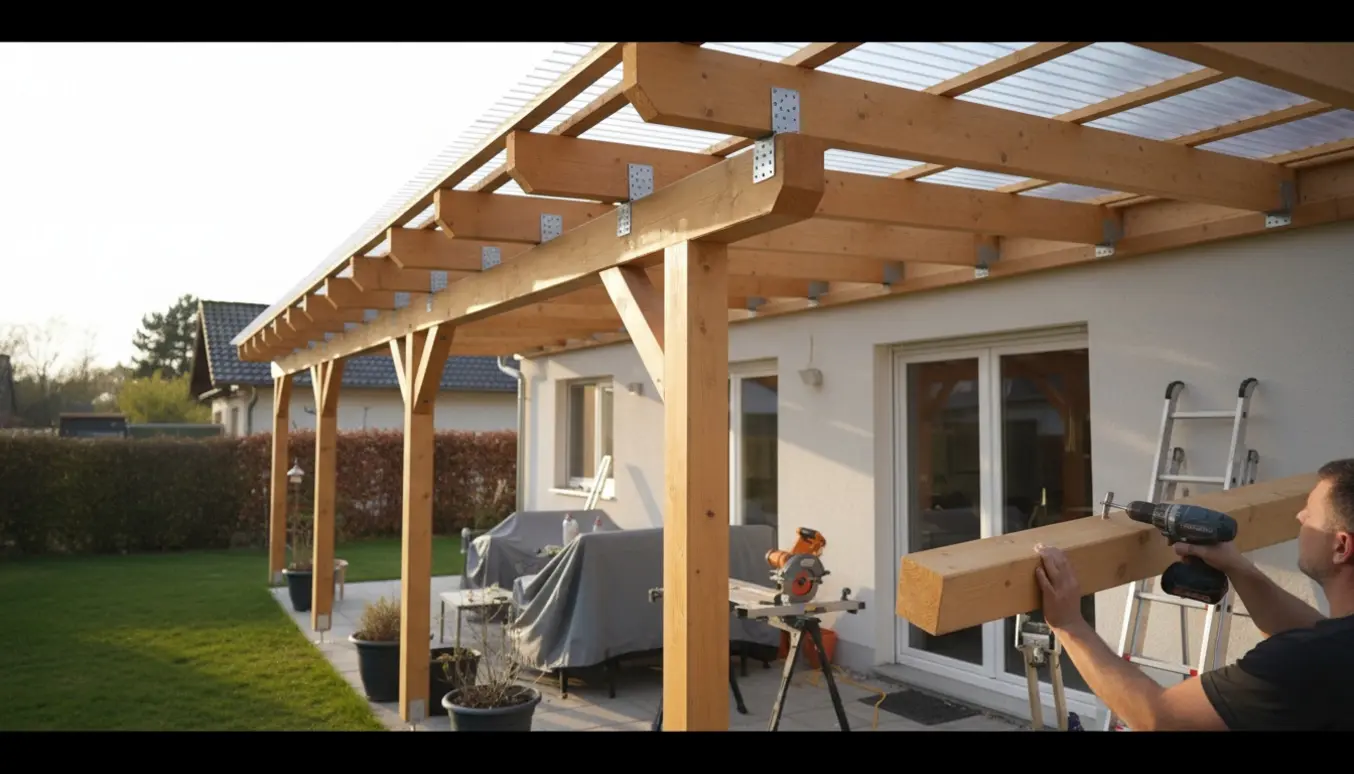 Overdækket terrasse under opbygning med tag ud fra huset og synligt værktøj.