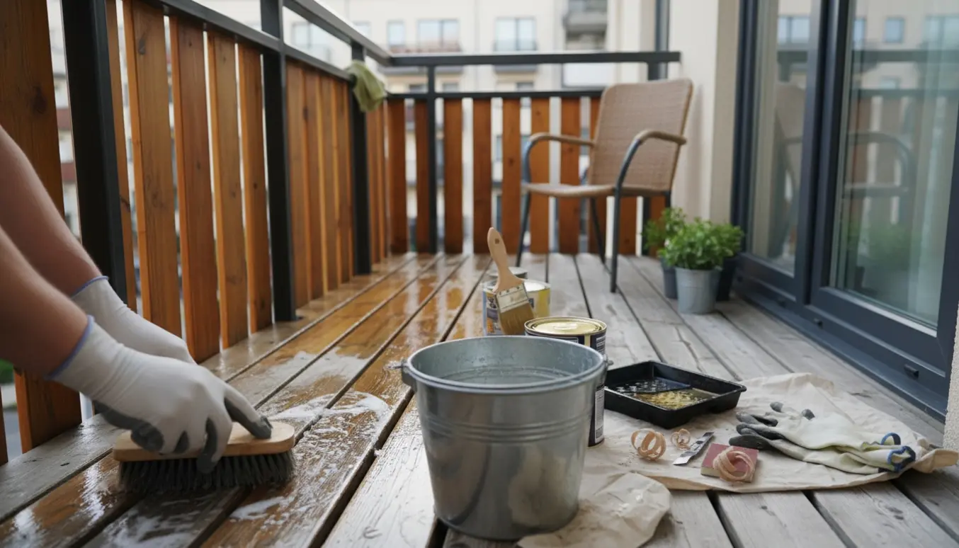 Hænder rengør og olierer trædæk og gelænder på en lille altan med værktøj og planter.