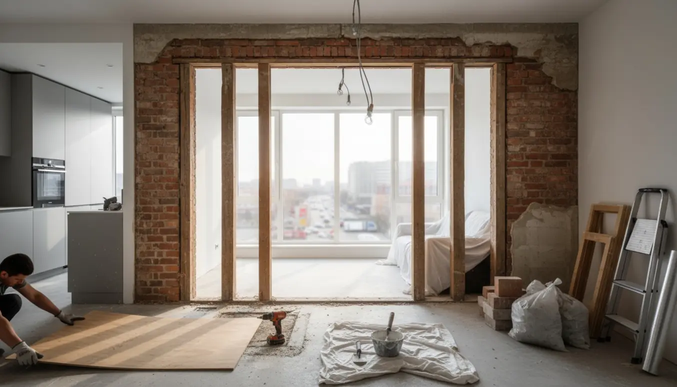 Partielt nedrevet bærende væg mellem køkken og stue på femte sal med synlige træspær og reparationsmaterialer.