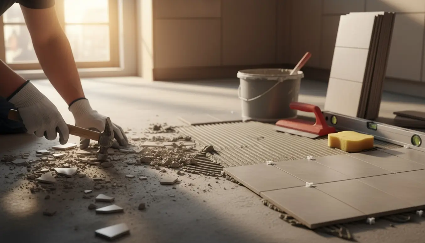 Gloved hænder fjerner gammel fliseklæb og lægger nye fliser på et køkkengulv.