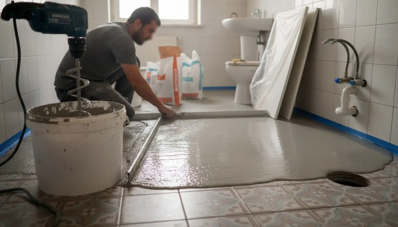 Badeværelse under renovering hvor selvnivellerende gulvmasse lægges ovenpå klinker.