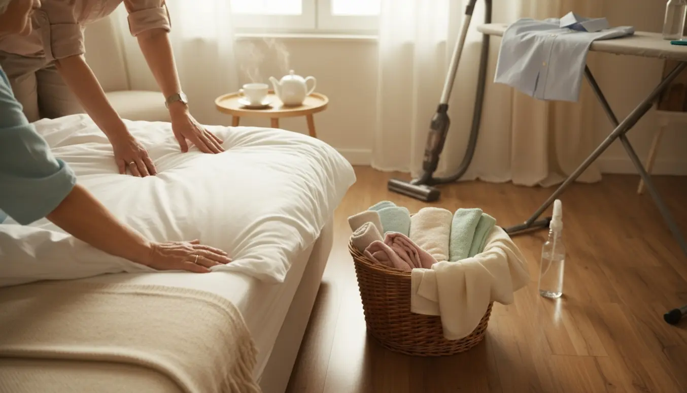 En hjælper laver seng og folder vasketøj for en ældre kvinde i et lyst, hyggeligt hjem.