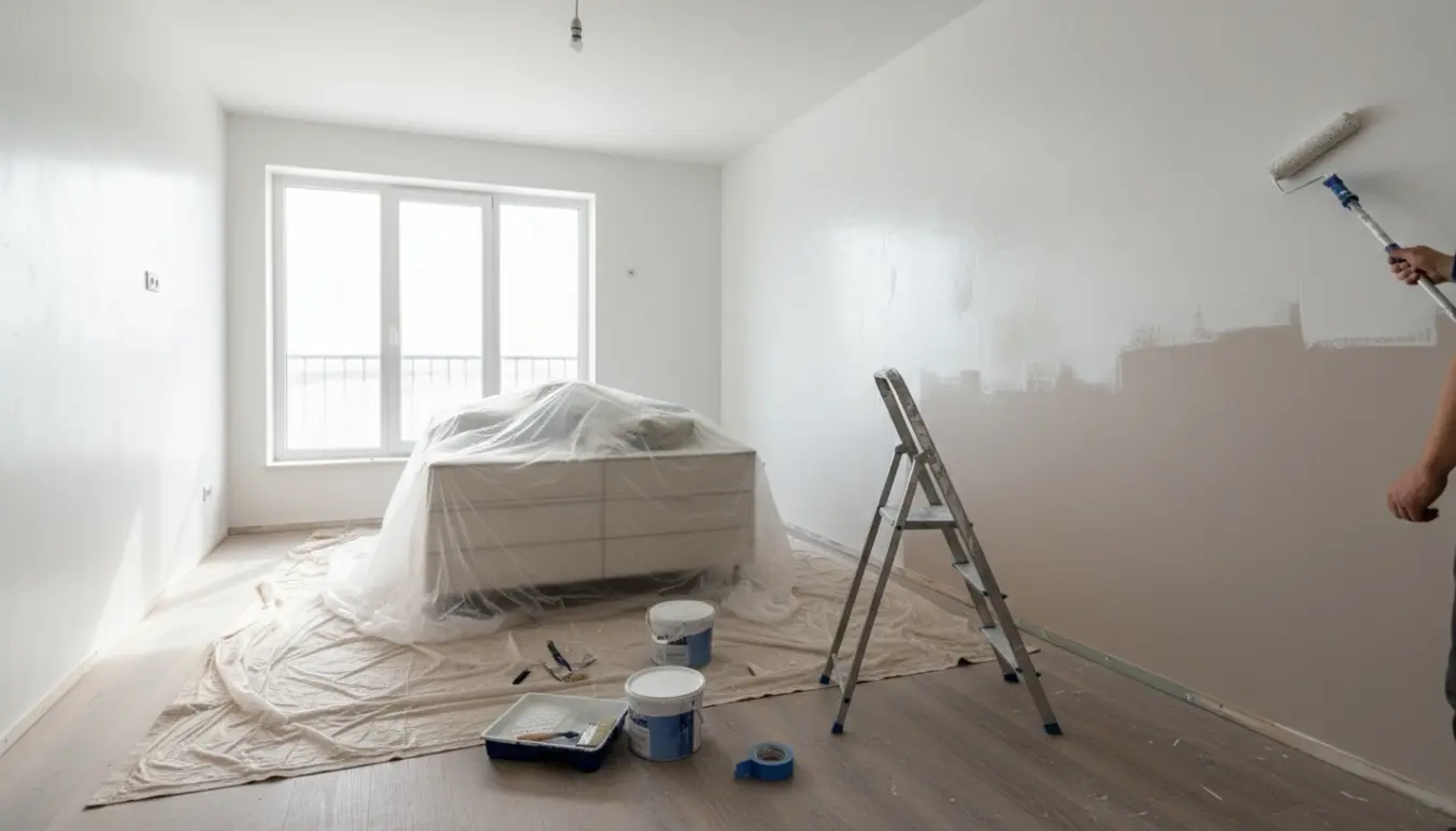 Et værelse på cirka 5x4 m under maling med en delvist malet væg, beskyttede møbler og malerværktøj.