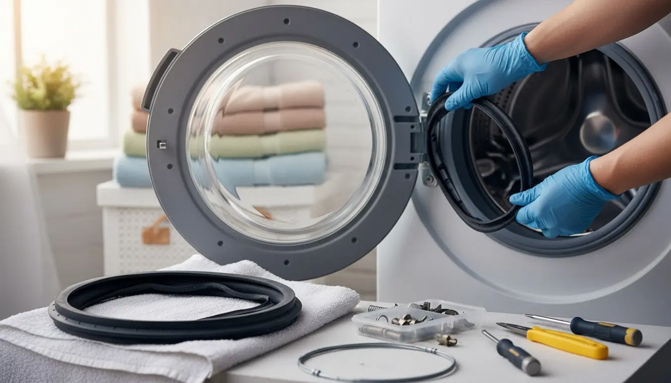 Udskiftning af gummimembran på en frontbetjent vaskemaskine med værktøj på et rent underlag.