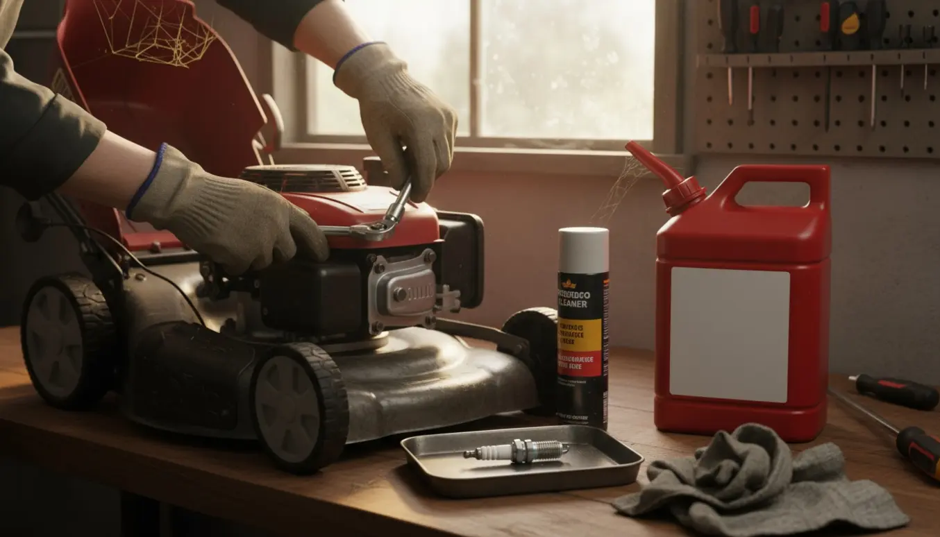 Hænder reparerer en benzinplæneklipper med værktøj i en lys garage.