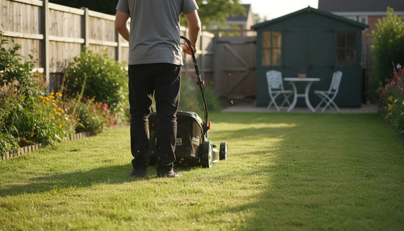 Person set bagfra slår græs i en mellemstor baghave med en moderne plæneklipper.