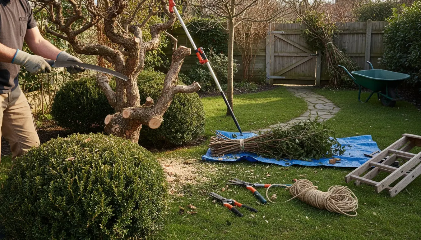Havearbejde med beskæring af troldhassel og træer, afskårne grene bæres gennem en smal have til porten.