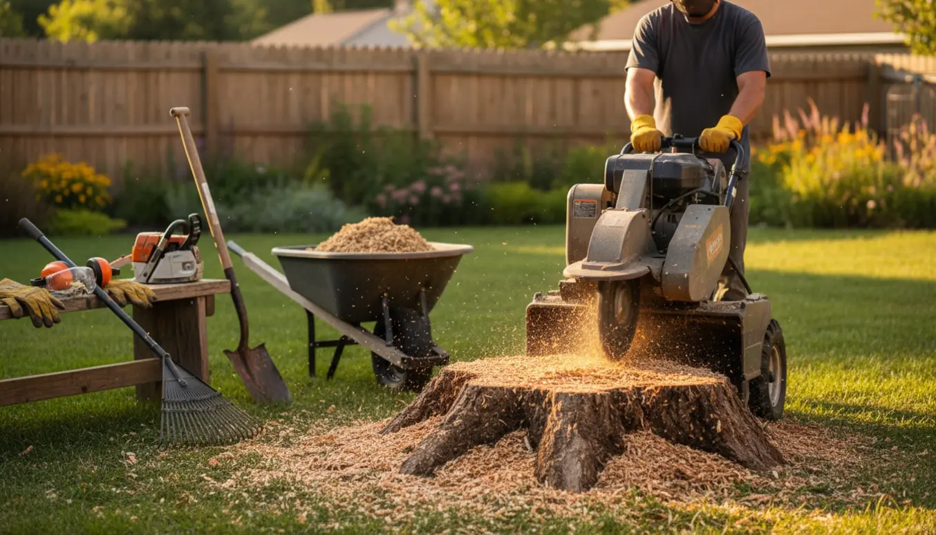 En stubfræser i arbejde i en baghave med træflis og værktøj rundt om.