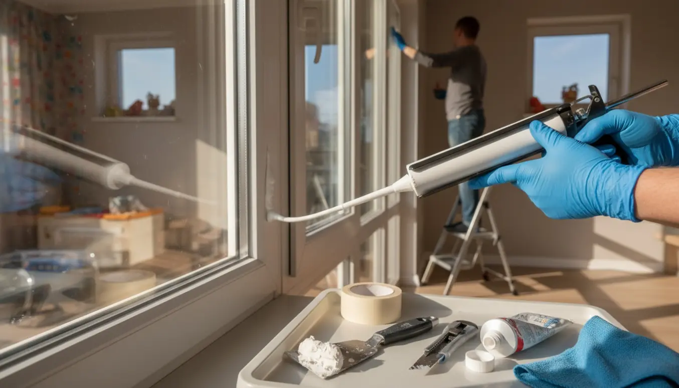 Nærbillede af hænder, der påfører ny indvendig fuge på et vindue med fugepistol, mens flere vinduestyper ses i baggrunden.