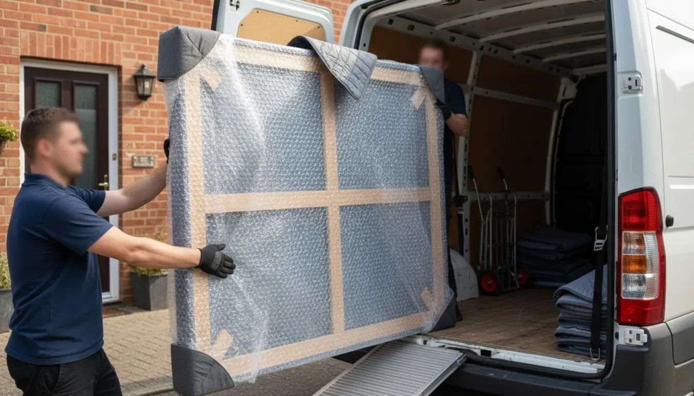To personer læsser et stort indrammet maleri ind i en varevogn med flyttetæpper og hjørnebeskyttere.
