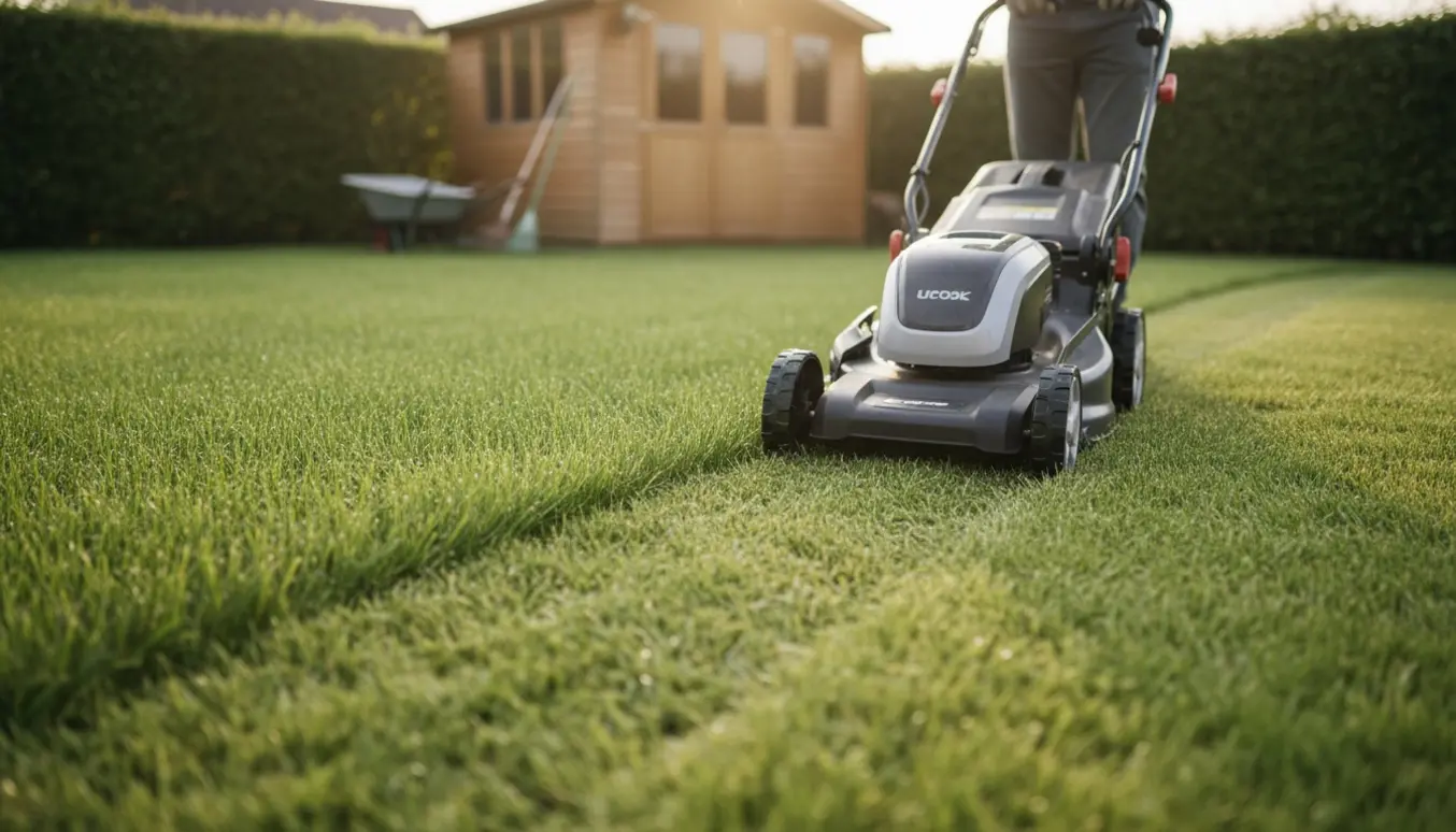 Plæneklipper laver en tydelig nyklippet stribe på en soloplyst græsplæne med haveredskaber i baggrunden.