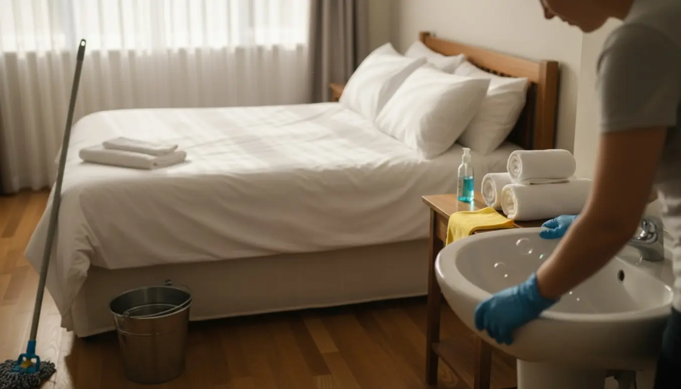 En rengøringshjælper ordner et hyggeligt bed-and-breakfast-værelse med friske linned og rengøringsudstyr.