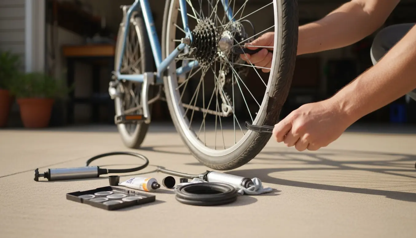 Nærbillede af hænder, der lapper et punkteret bagdæk på en almindelig cykel med lapningssæt og pumpe ved siden af.