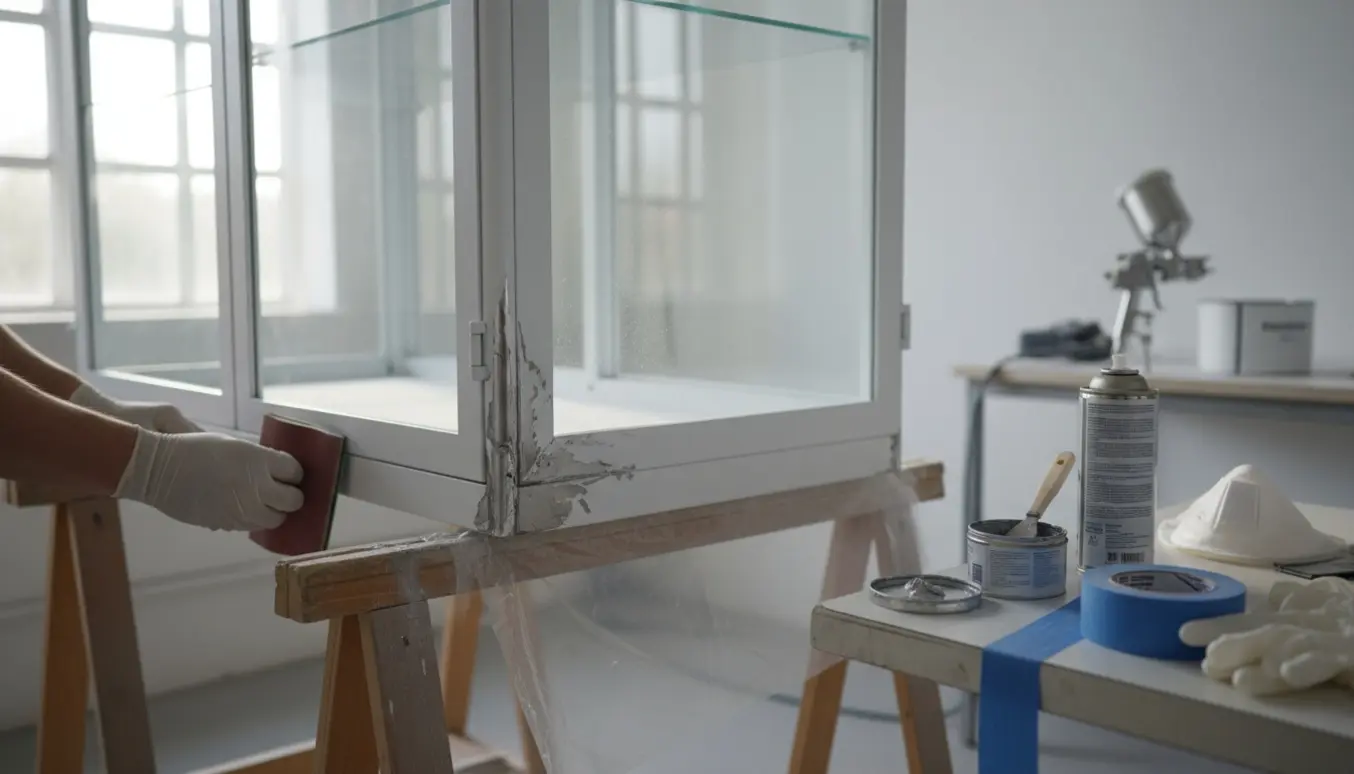 Et vitrineskab på bukke, hvor handsker sliber en beskadiget pulverlakeret kant før genmaling.