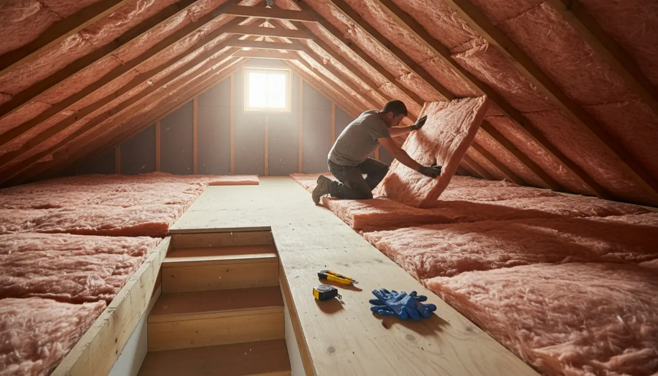 Loft med Rockwool-isolering og en ny gangbro af krydsfinér, hvor hænder lægger isoleringen på plads.