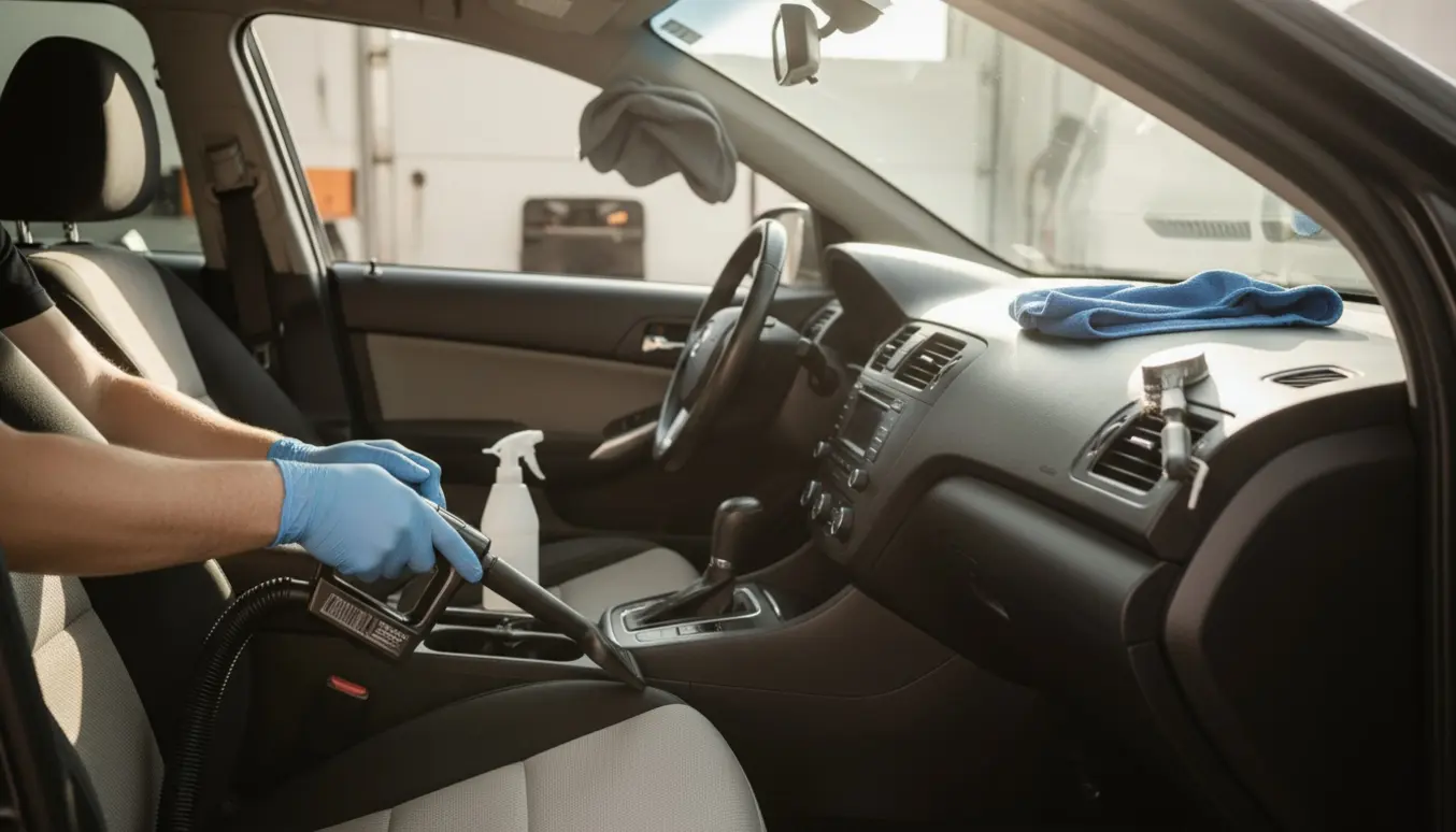Nærbillede af bilinteriør, hvor hænder støvsuger sædet og pudser forrudens inderside med mikrofiber i blødt dagslys.