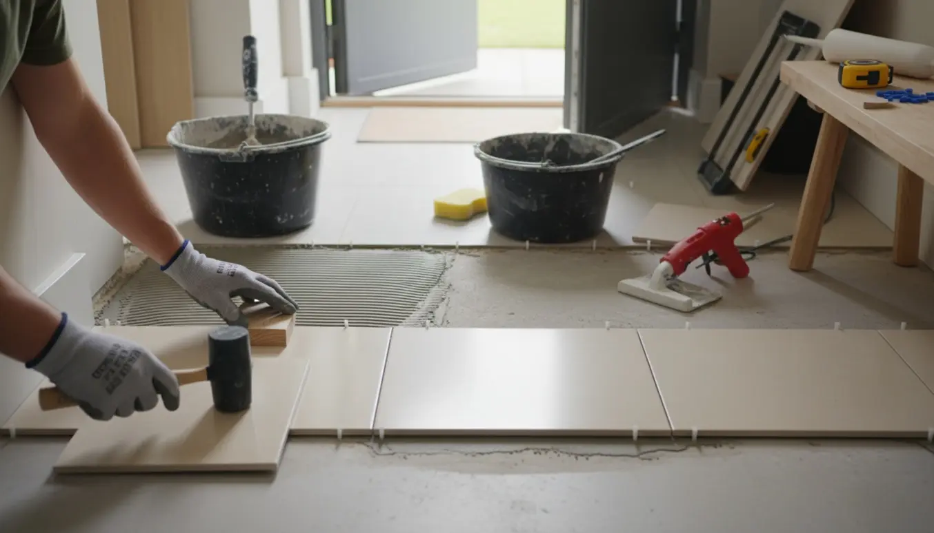 Entré under installation med gulv- og sokkelklinker, værktøj og materialer i forgrunden.