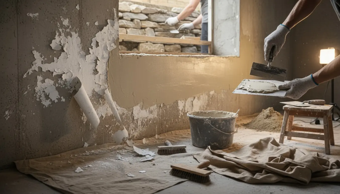 Afskallet plastmaling skrabes af i en kælder, mens frisk pudslag glattes med murske.