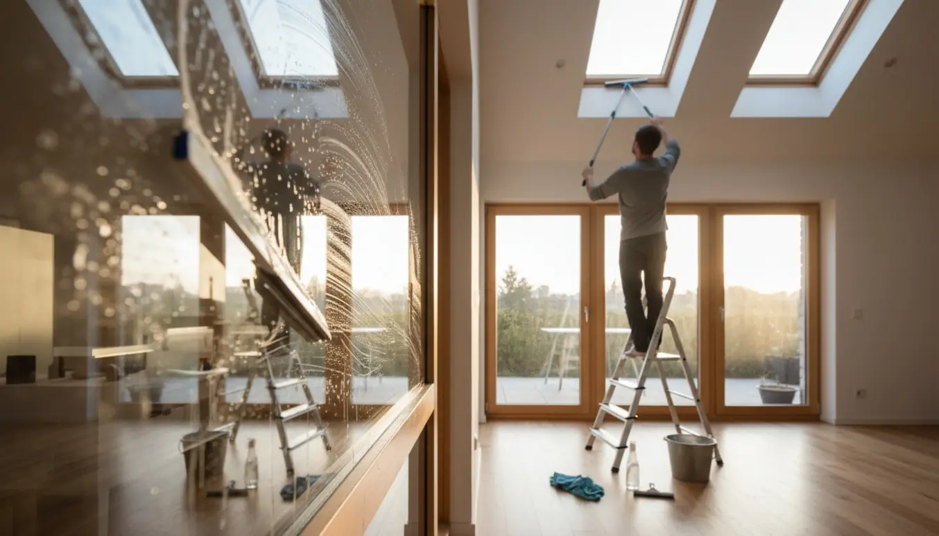 En person pudser store vinduer og skrå ovenlys i et lyst, moderne hus med spand, klud og stige.