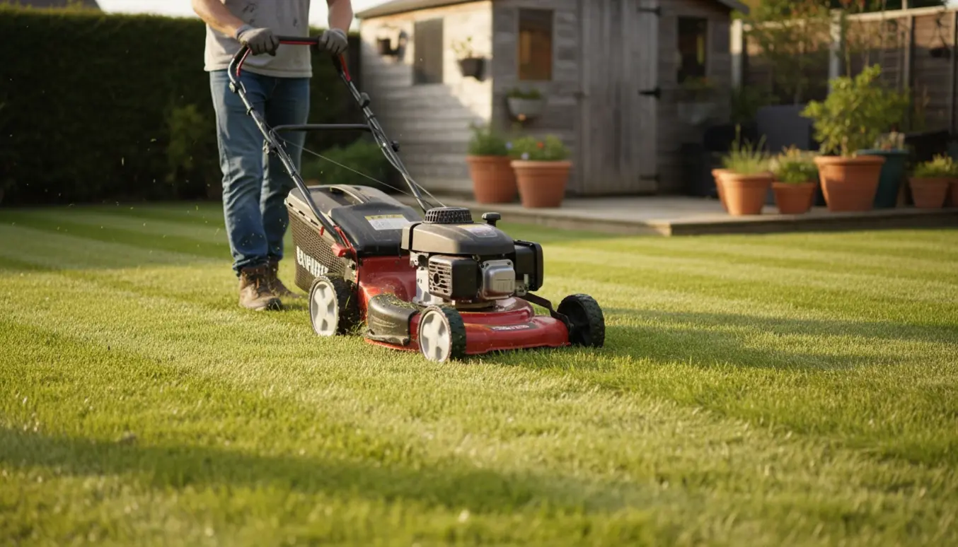 En husejer slår græs med en plæneklipper, der efterlader pæne striber på en solbeskinnet baghave.