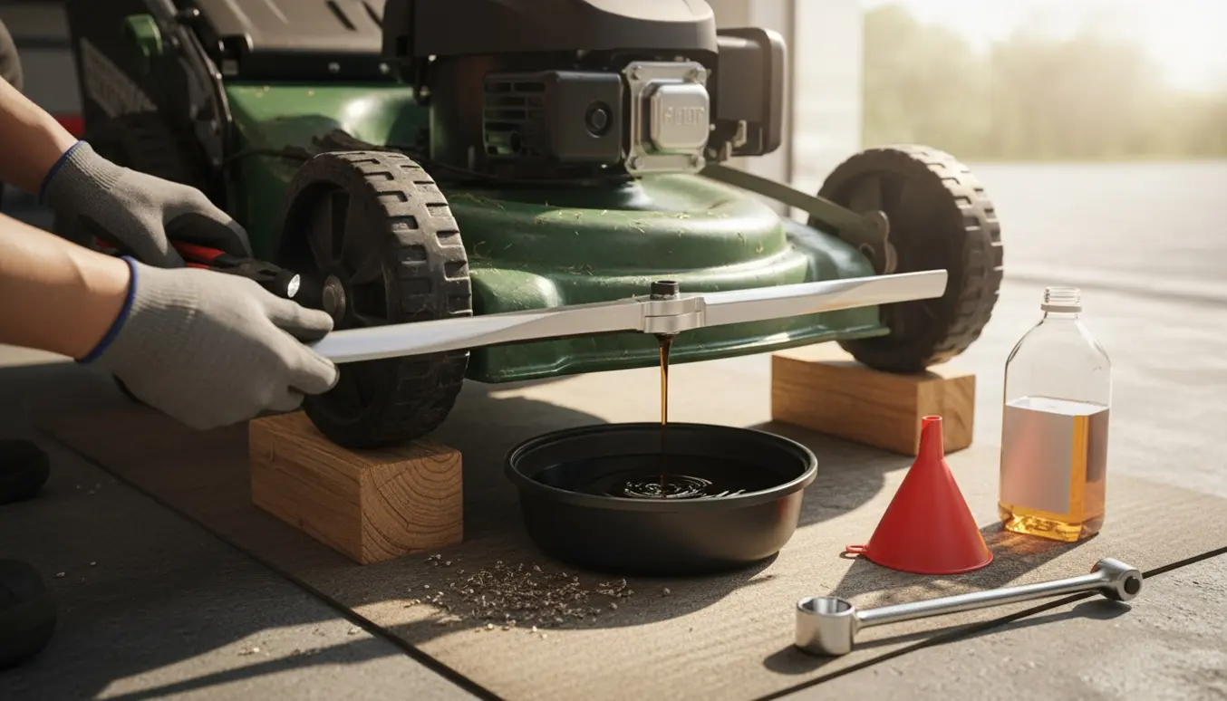 Handsbeklædte hænder servicerer en plæneklipper med slibede knive, olieskift og tjek af gaskablet.