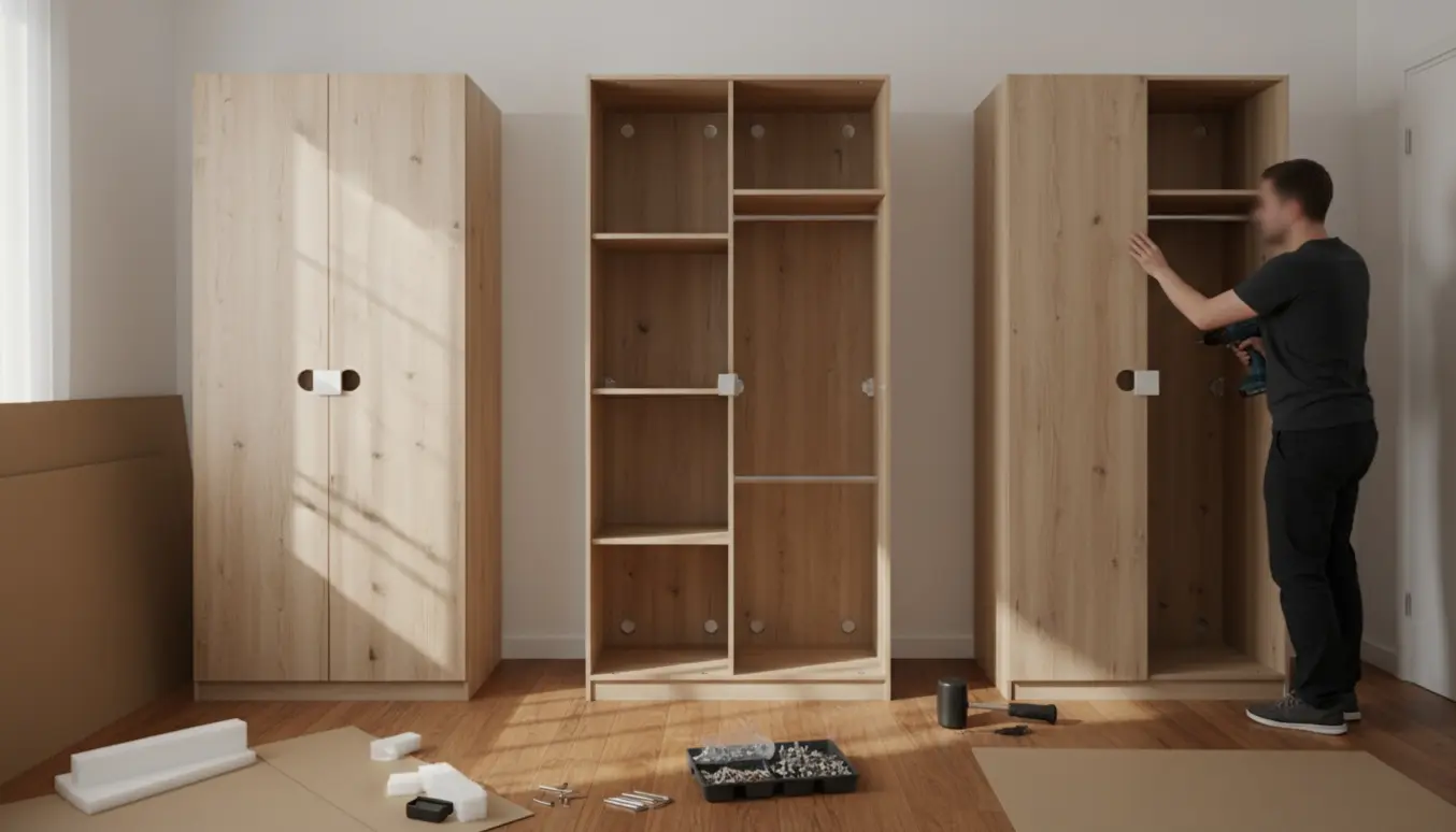 Tre Billund-garderobeskabe under samling i en lys gang med værktøj og dele spredt omkring.