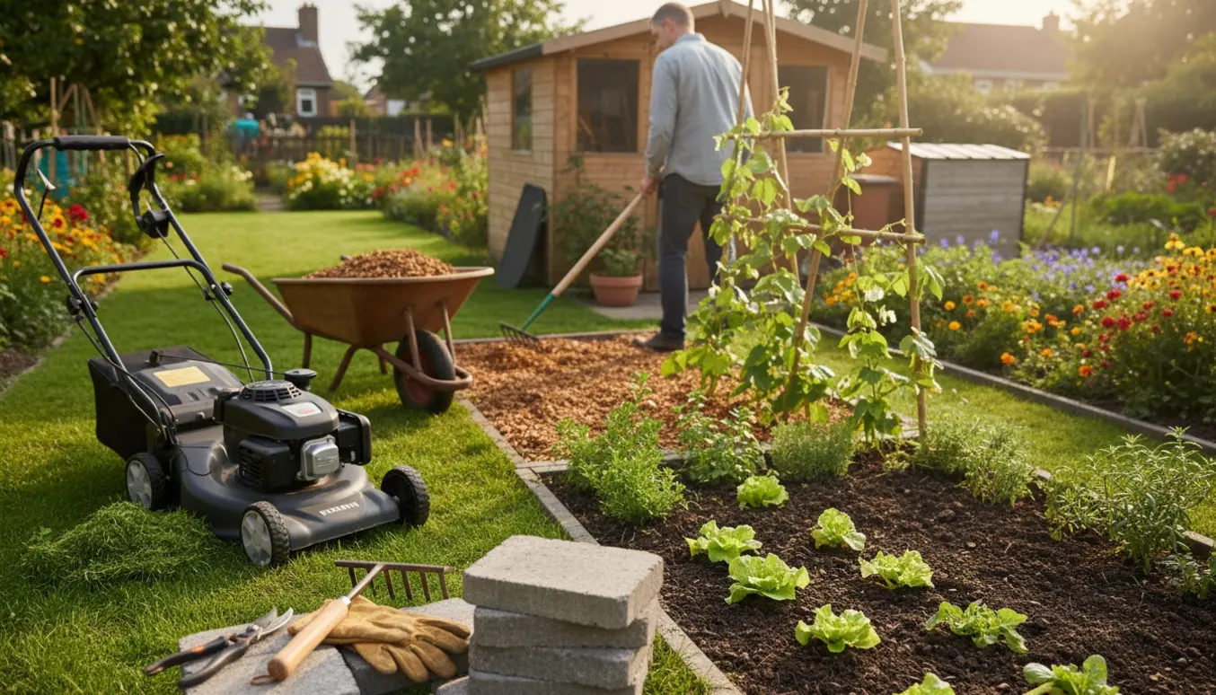 Haveværktøj i forgrunden og en person set bagfra, der lægger flis i en kolonihave.