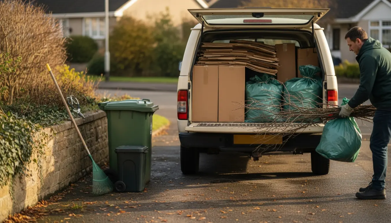 Hænder i handsker læsser haveaffald og pap i en varevogn ved fortovet.