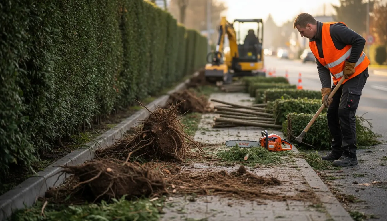 Fjernelse af en 20 m thujahæk ved vejkanten med synlige rødder, værktøj og arbejdshandsker.