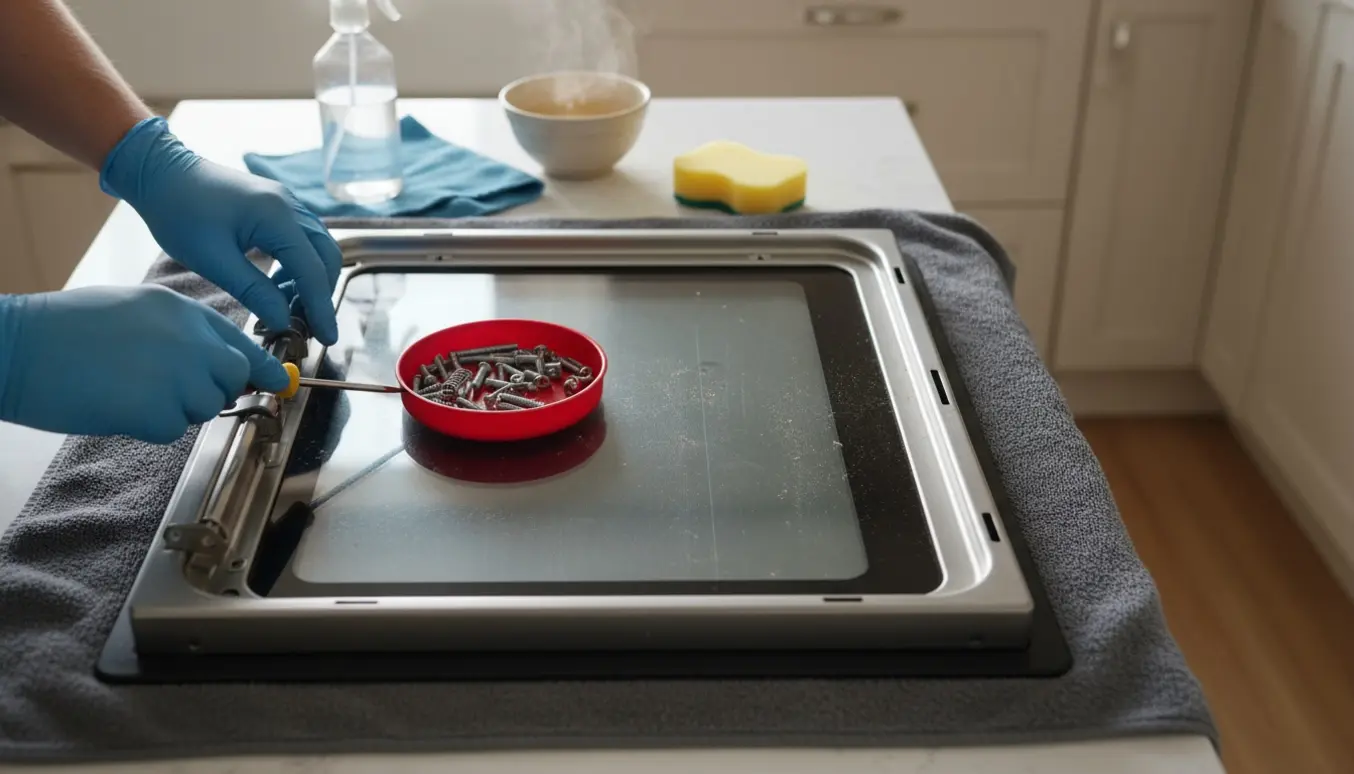 Hænder adskiller en ovnlåge på et køkkenbord med glaspanel, skruer og rengøringsudstyr klar.